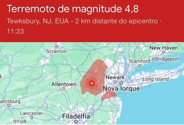 TERREMOTO EM NOVA JERSEY COM MAGNITUDE 4.8 TAMBÉM FOI SENTIDO EM NOVA YORK