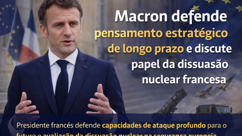 Macron defende estratégia de longo prazo para segurança europeia e debate sobre dissuasão nuclear francesa