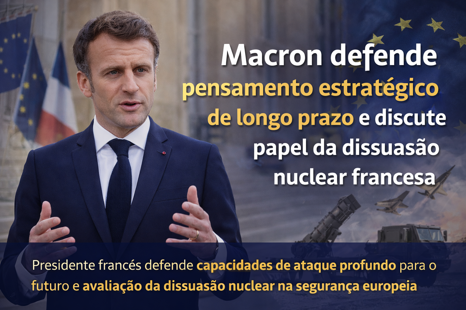 Macron defende estratégia de longo prazo para segurança europeia e debate sobre dissuasão nuclear francesa